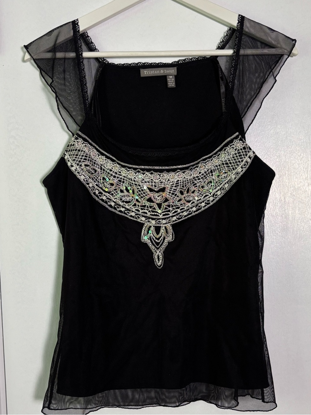 Tristan & Iseut Y2K Beaded Mesh Embellished Top Black Size M - Picture 4 of 11